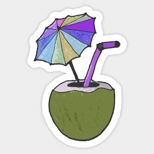 Hand drawn coconut drink with colorful umbrella drink Sticker